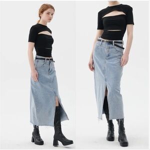 Storets Womens Peyton Denim Light Wash High Waist Maxi Skirt Small Front Slit